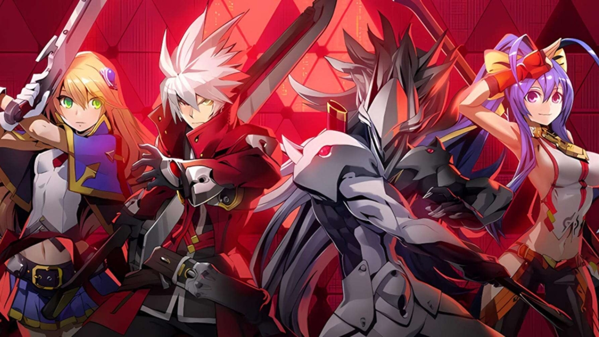 Four colourful anime-style characters in dynamic poses with weapons against a red geometric background