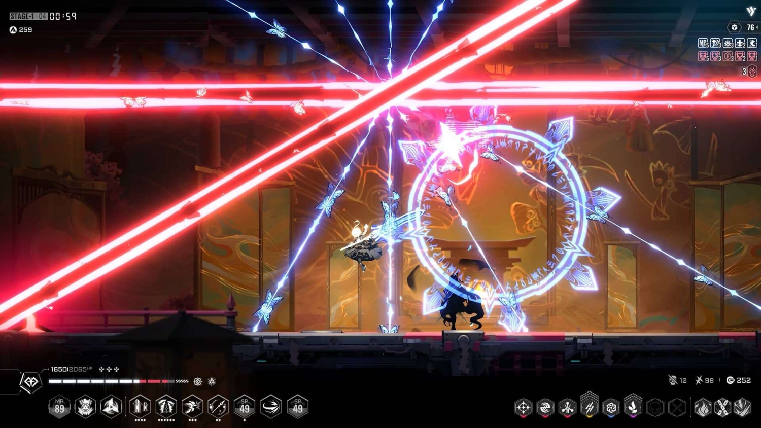 Side-scrolling game scene showing a character in mid-air surrounded by blue energy butterflies and intersecting red laser beams