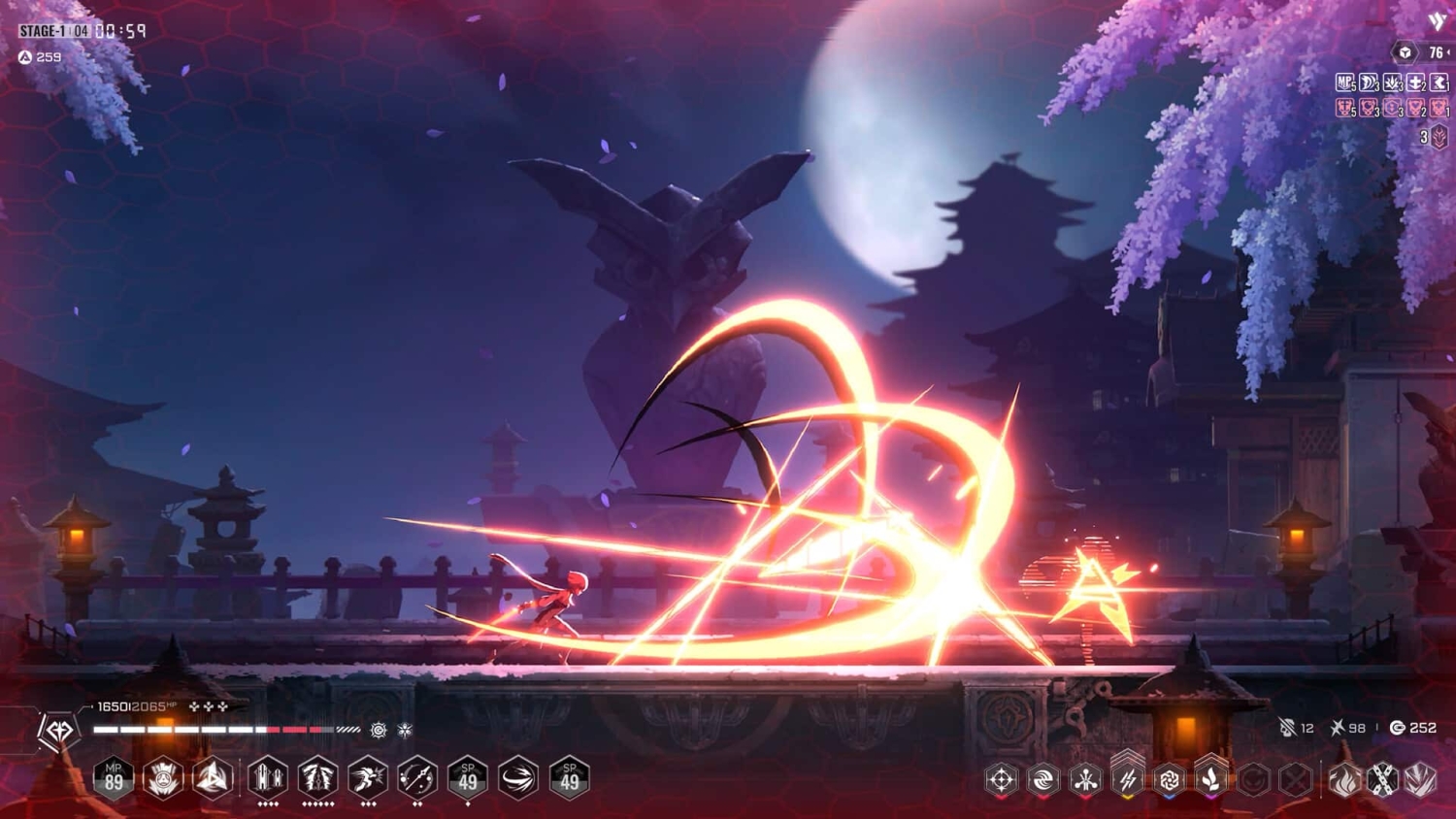 Character performing a bright energy slash attack on a platform with glowing lamps and traditional Japanese buildings under a full moon