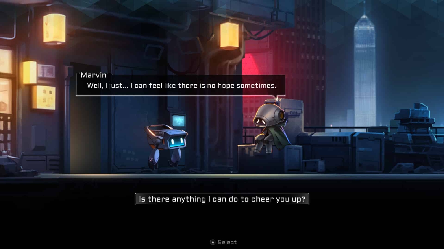 Two small robots talk in a dark futuristic city alley lit by warm lamps and neon lights