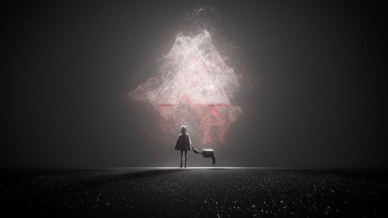 Silhouetted figure holding a suitcase and a robotic arm stands facing a large glowing geometric light in dark space