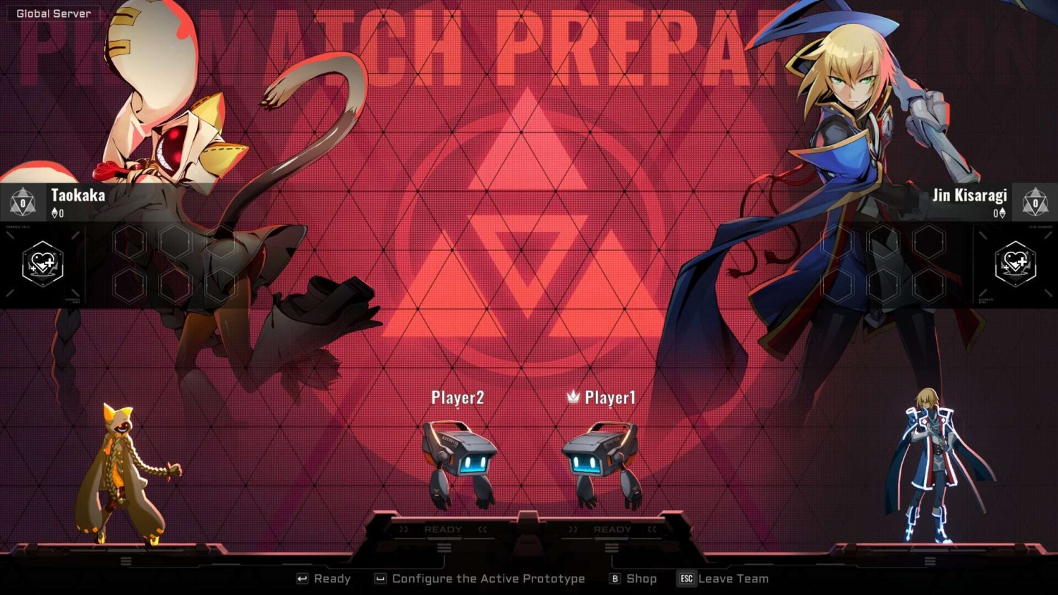 Two stylised characters facing each other on a red geometric background in a game character selection screen
