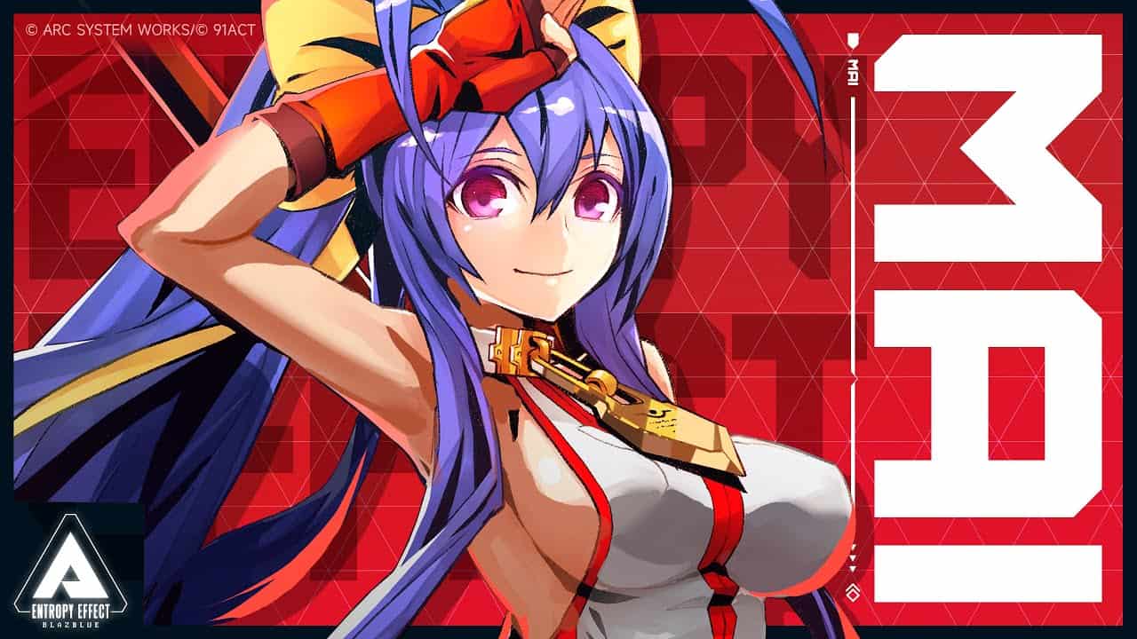 Anime-style female with purple hair and gloves posing in front of red background with large white text