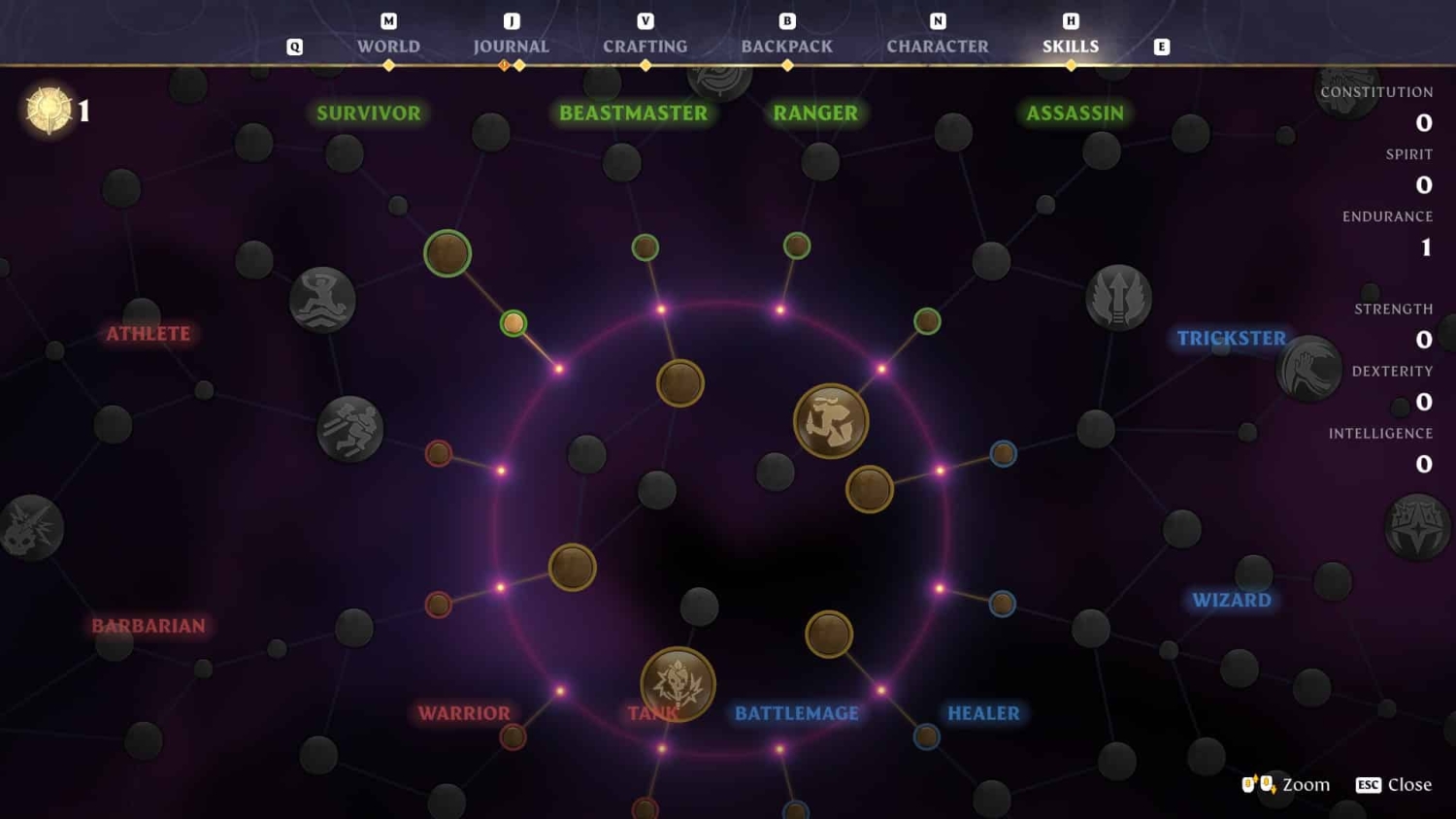 Skill tree showing character classes and attributes such as survivor, beastmaster, ranger, assassin, and others on a dark background