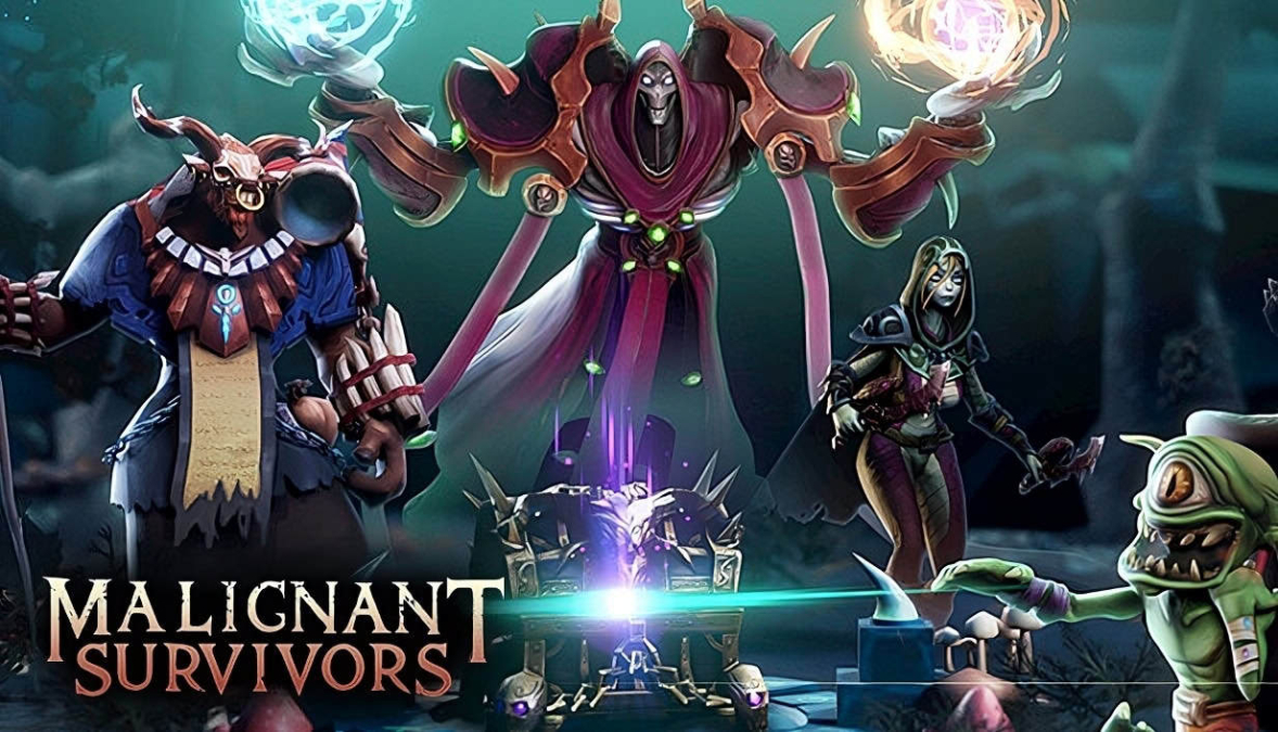 Four unique fantasy characters standing behind a glowing treasure chest in a dark forest setting