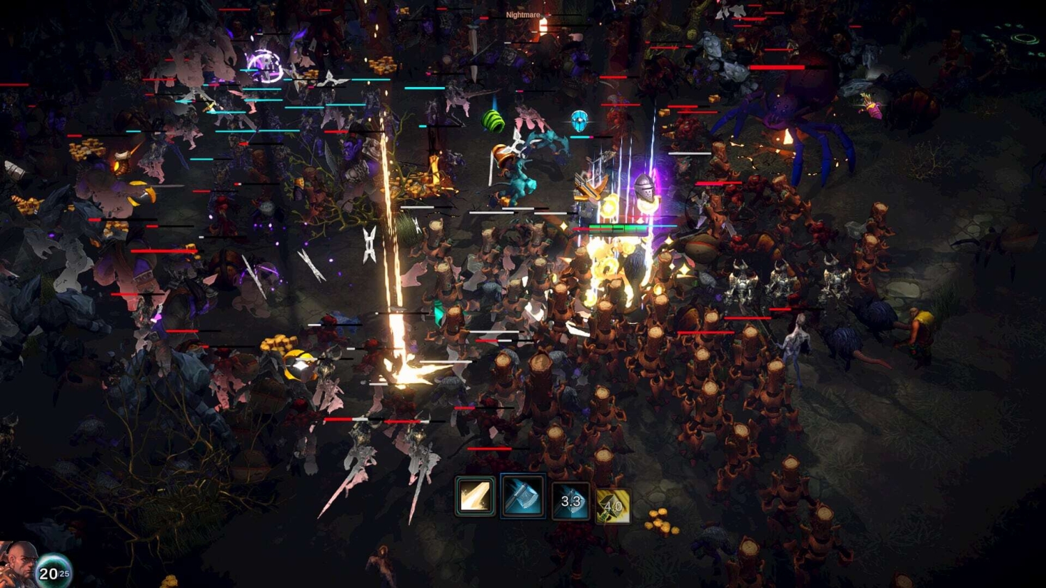 Top-down view of a character fighting numerous hostile creatures with health bars in a dark fantasy setting