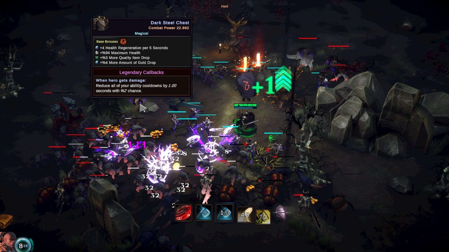 In-game loot details for Dark Steel Chest with magical bonuses and legendary callbacks shown during intense combat with multiple enemies