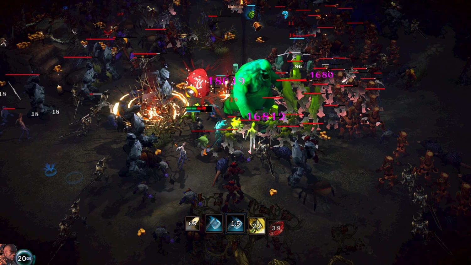 Top-down view of a dark fantasy game battle with numerous monsters surrounding a green ogre and damage numbers floating above them