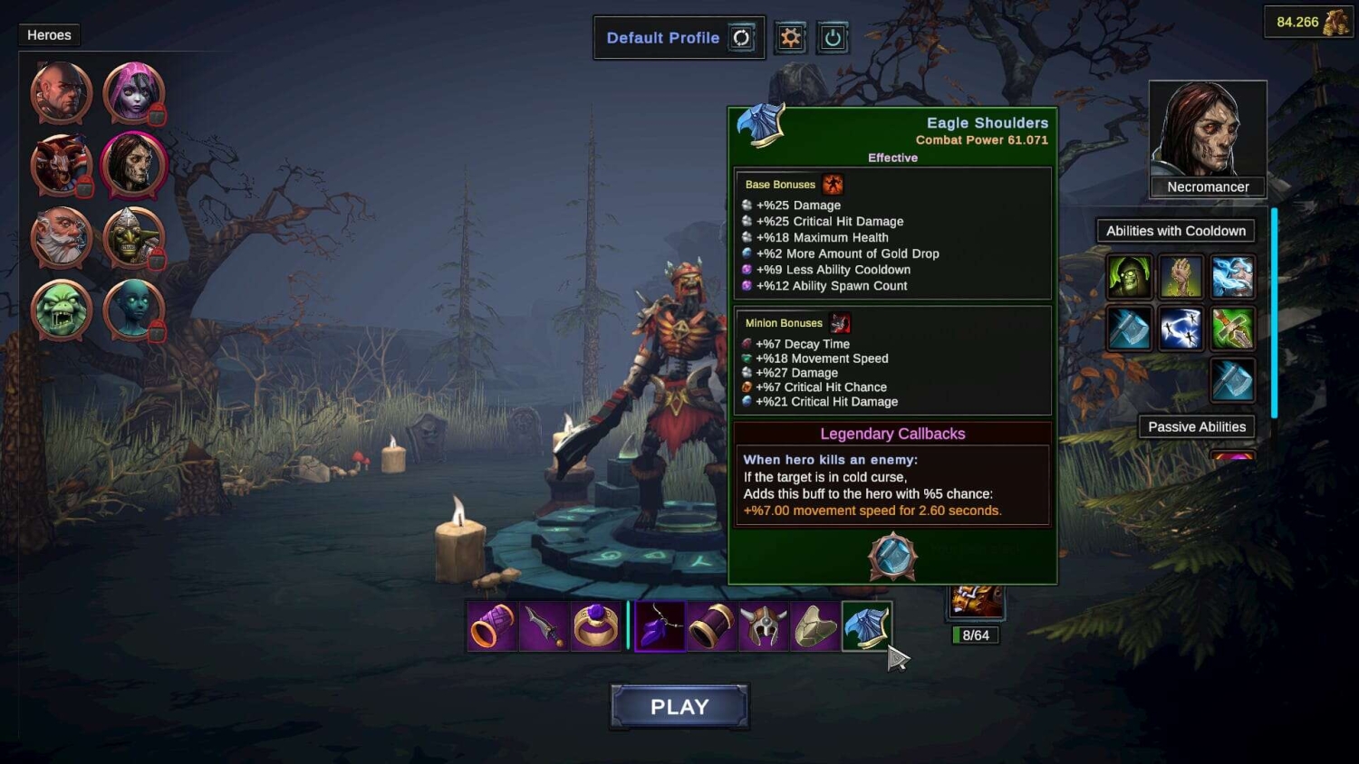 Game screen showing a Necromancer character with detailed equipment stats and abilities in a dark forest background
