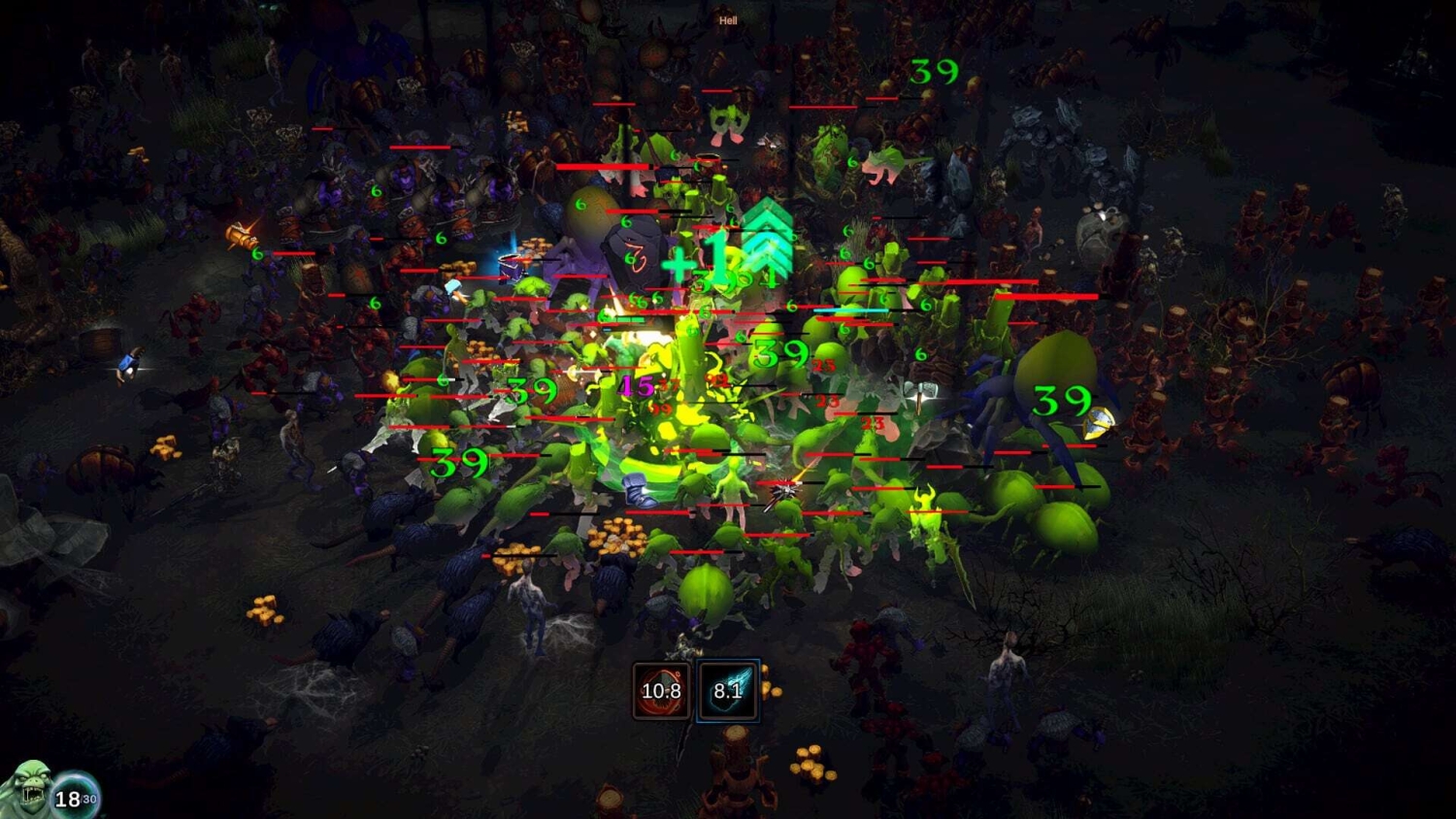 Overhead view of a crowded battle in a dark RPG, with numerous green and brown monsters attacking a glowing central figure
