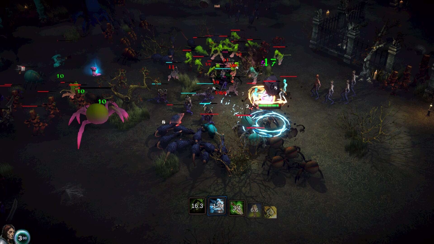 Character surrounded by various monsters and enemies in a dark, eerie forest battle scene in a game