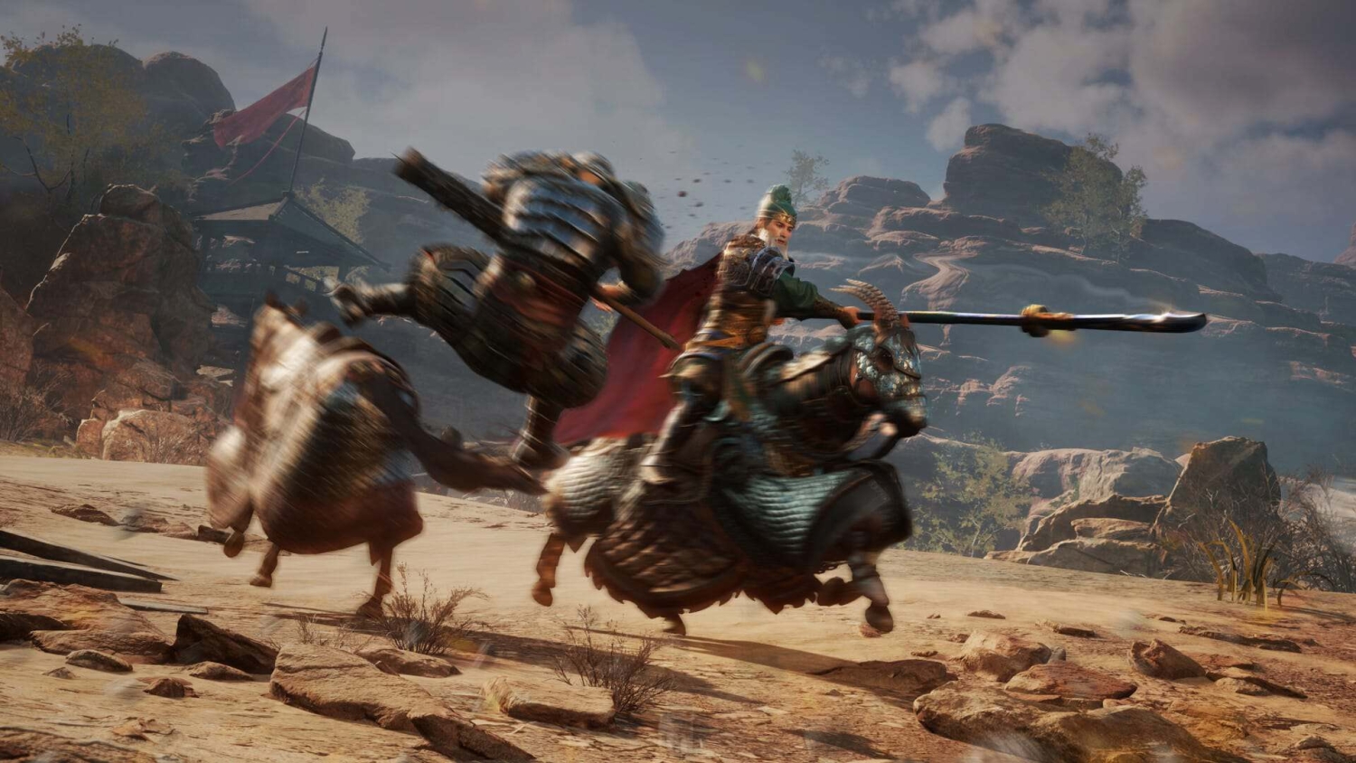 Two armoured warriors clash on horseback in a rocky desert setting with a red flag in the background
