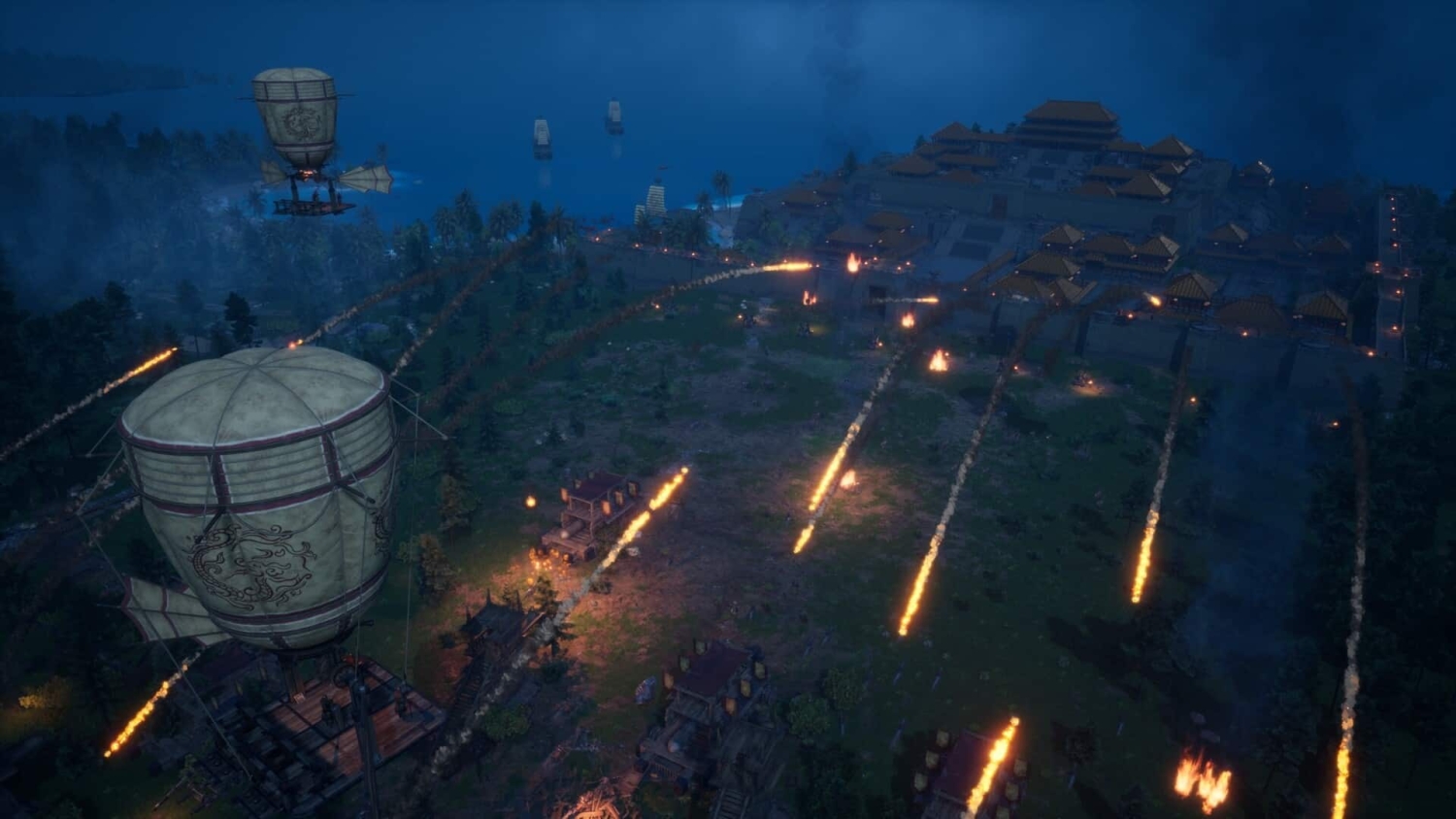 Night aerial view of an ancient settlement with hot air balloons and flaming projectiles launched at buildings