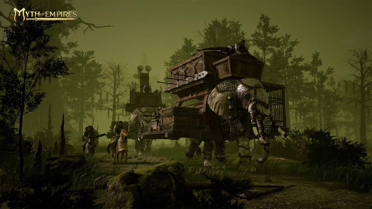 Armoured elephants carrying armed warriors and supplies through a misty forest path