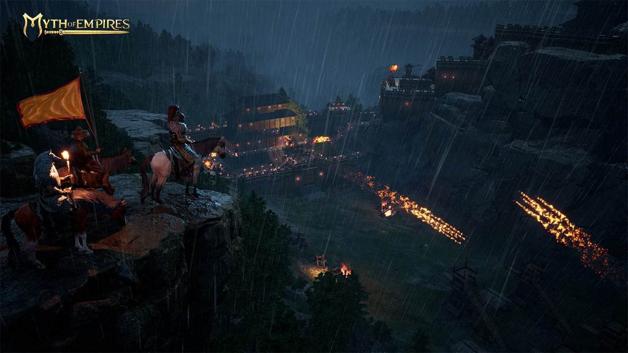 Armoured riders on horseback holding torches on cliff overlooking a fortified castle in heavy rain at night