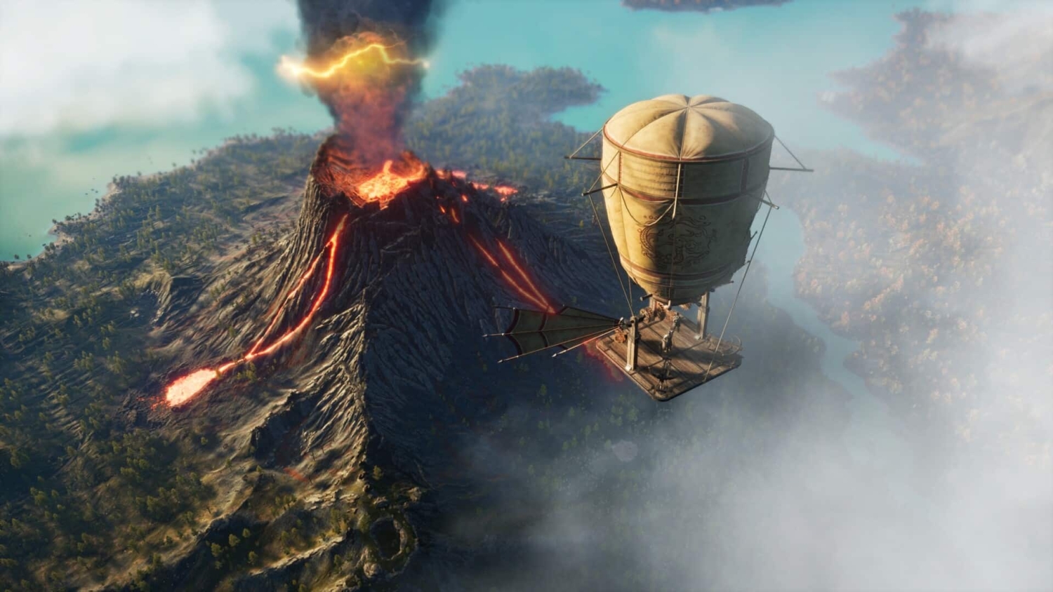 Vintage airship floating close to an erupting volcano with bright lava flowing down the rocky slopes