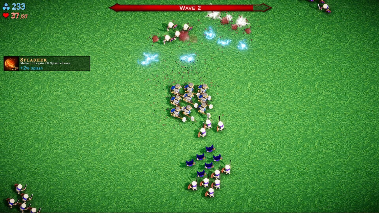 Top-down view of cartoon soldiers battling on grass with electric effects in wave 2 of gameplay