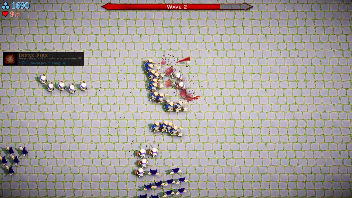 Small colourful cartoon knights in formation fighting on square tiled ground with health and resource bars
