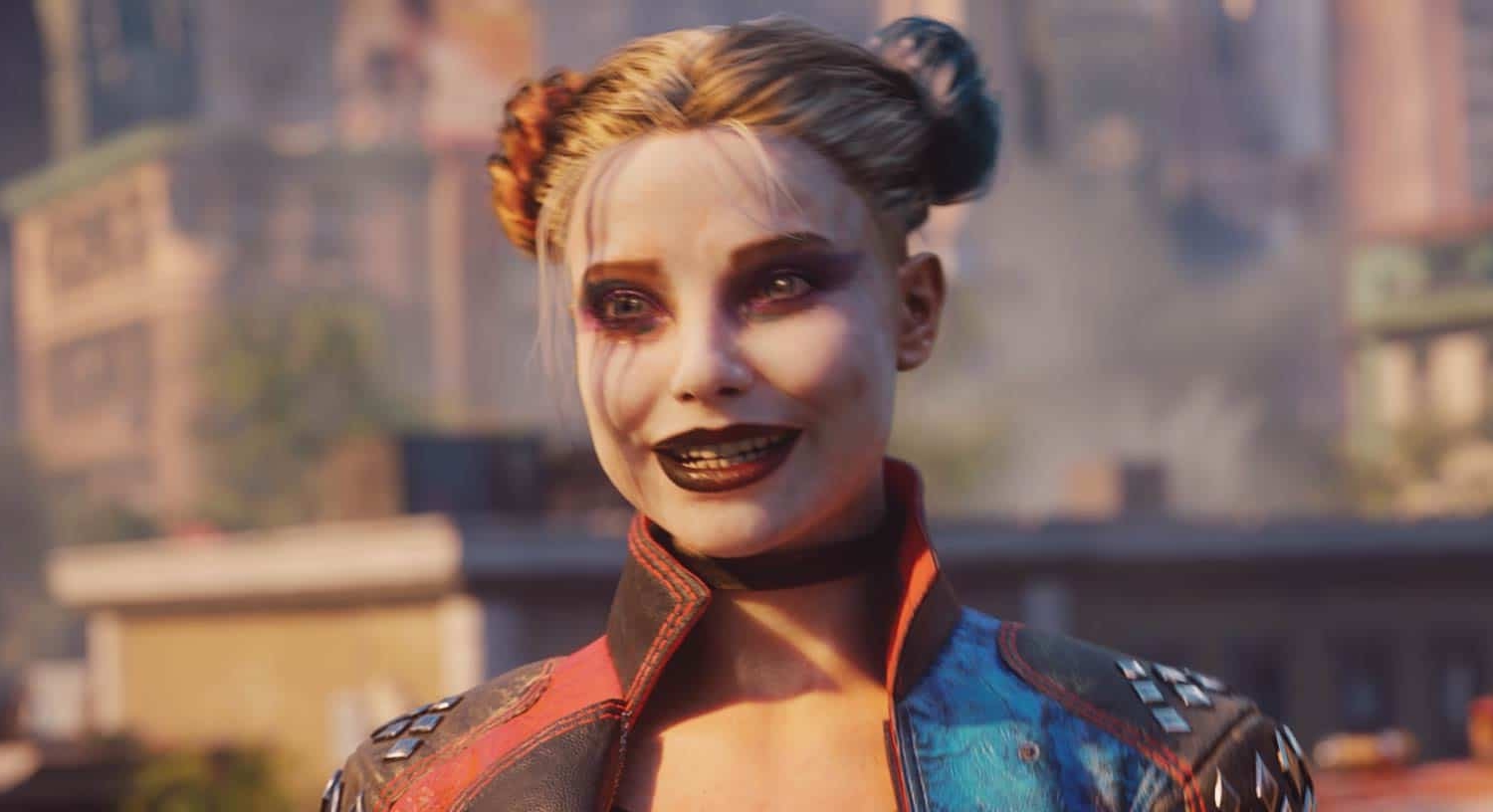 Smiling female character with pale skin, dark eye makeup, and a red-and-blue jacket outdoors