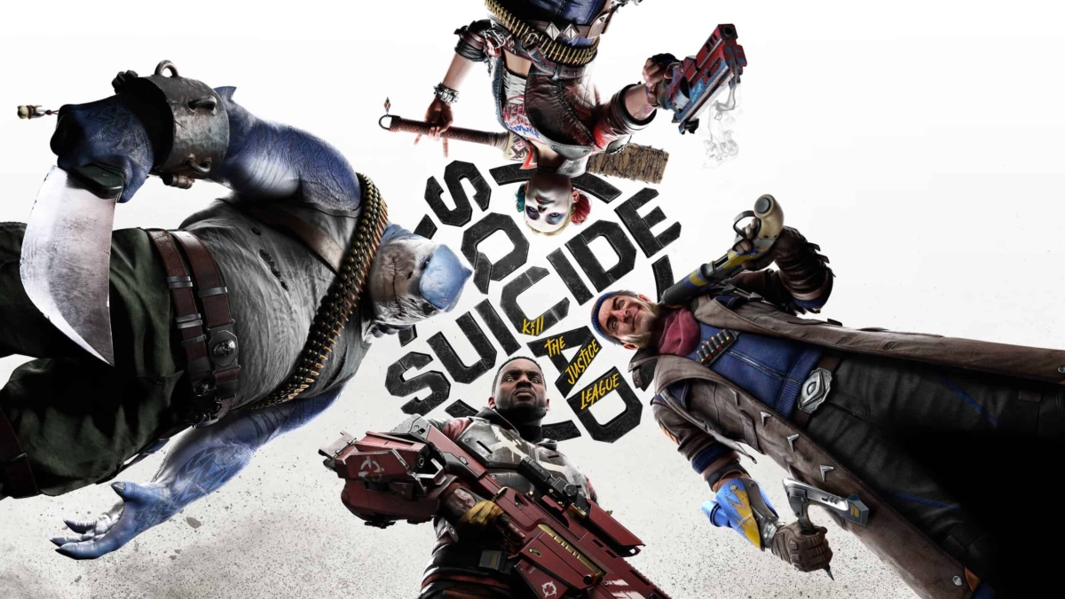 Four Suicide Squad characters in a circular formation with game title in background