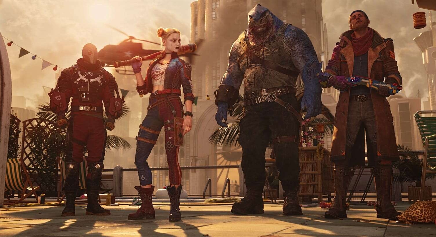 Four distinct characters in combat outfits stand together in a futuristic cityscape at sunset, including a figure with a baseball bat and a large muscular shark-like character.