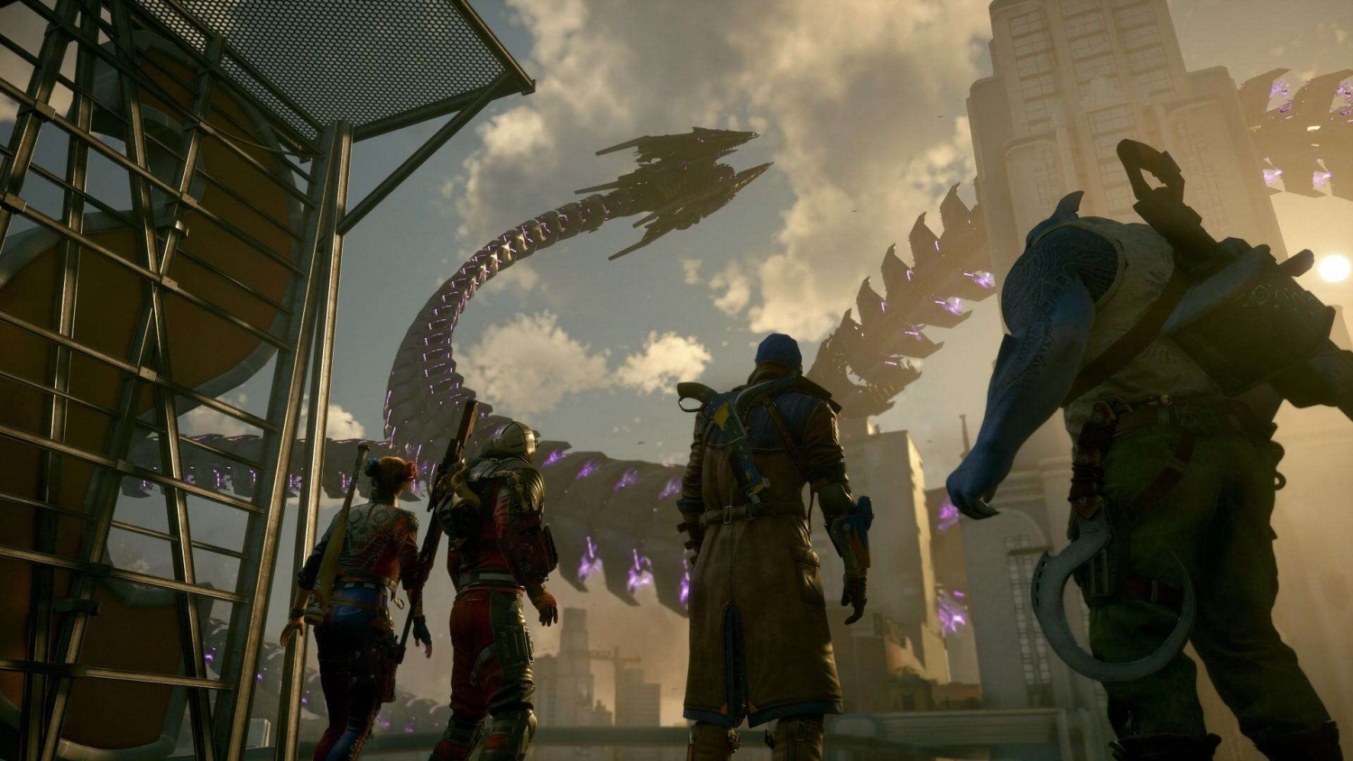Four armed characters stand on a rooftop facing a giant glowing purple mechanical serpent in a city