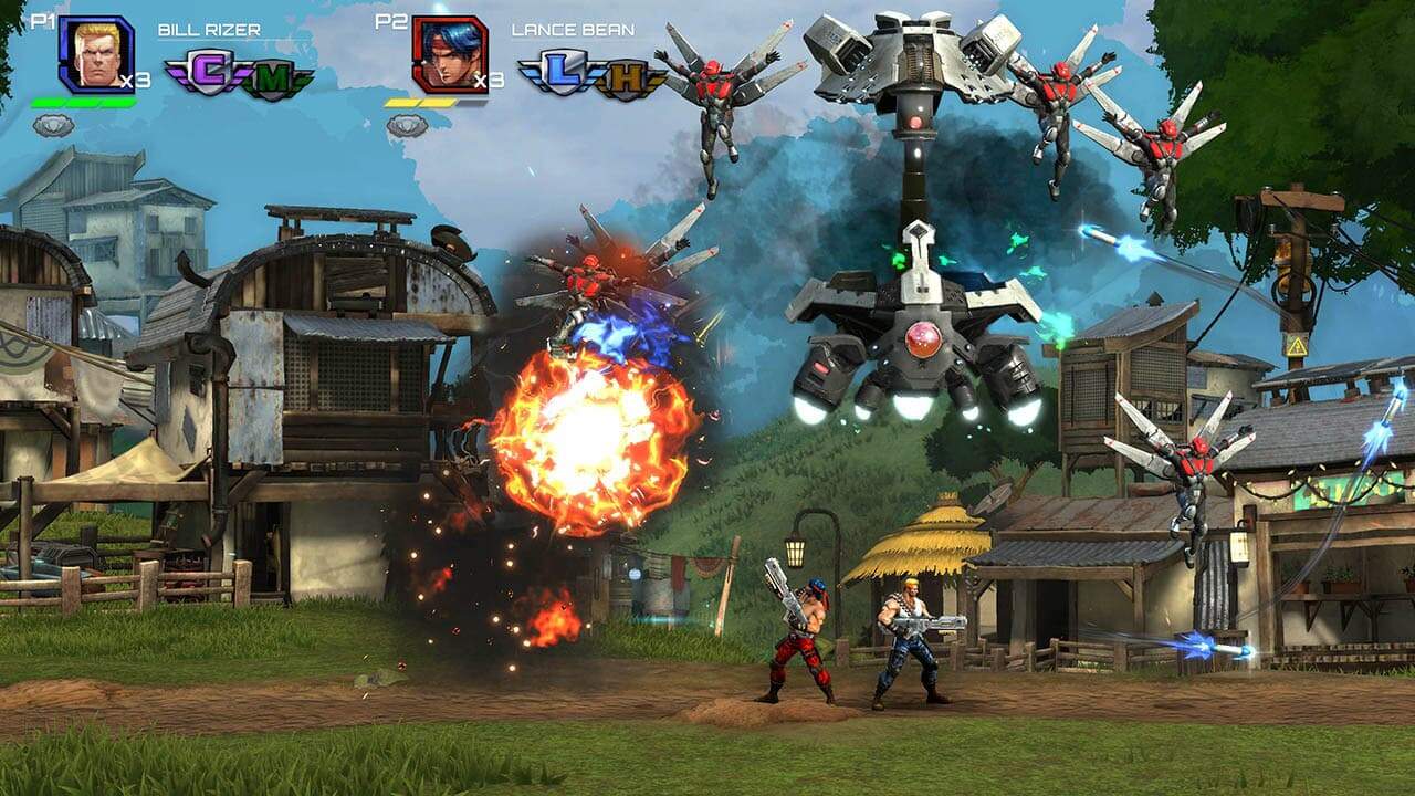 Two muscular action heroes firing rifles at flying robotic enemies in a village with traditional houses.