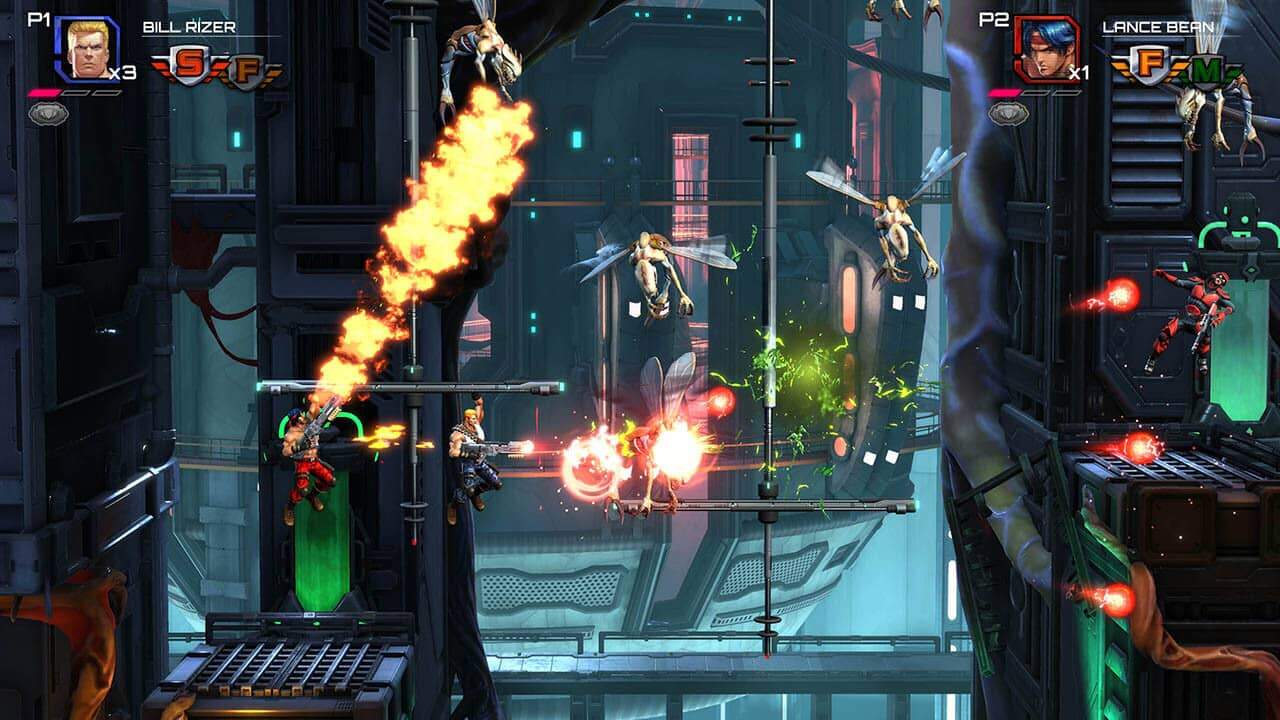Two muscular characters shooting at flying insect-like enemies in a dark futuristic industrial environment