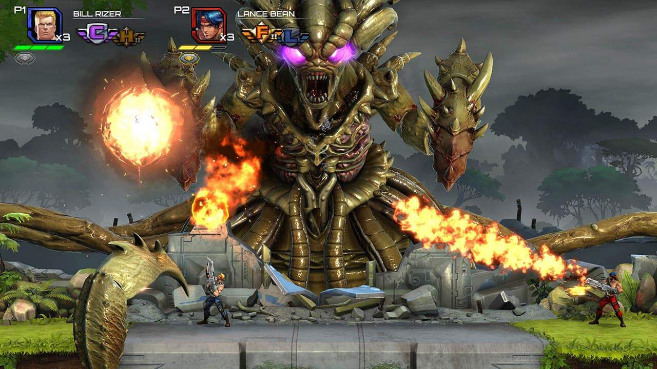 Two muscular action heroes firing guns at a large, multi-eyed creature breathing fire in a forest clearing