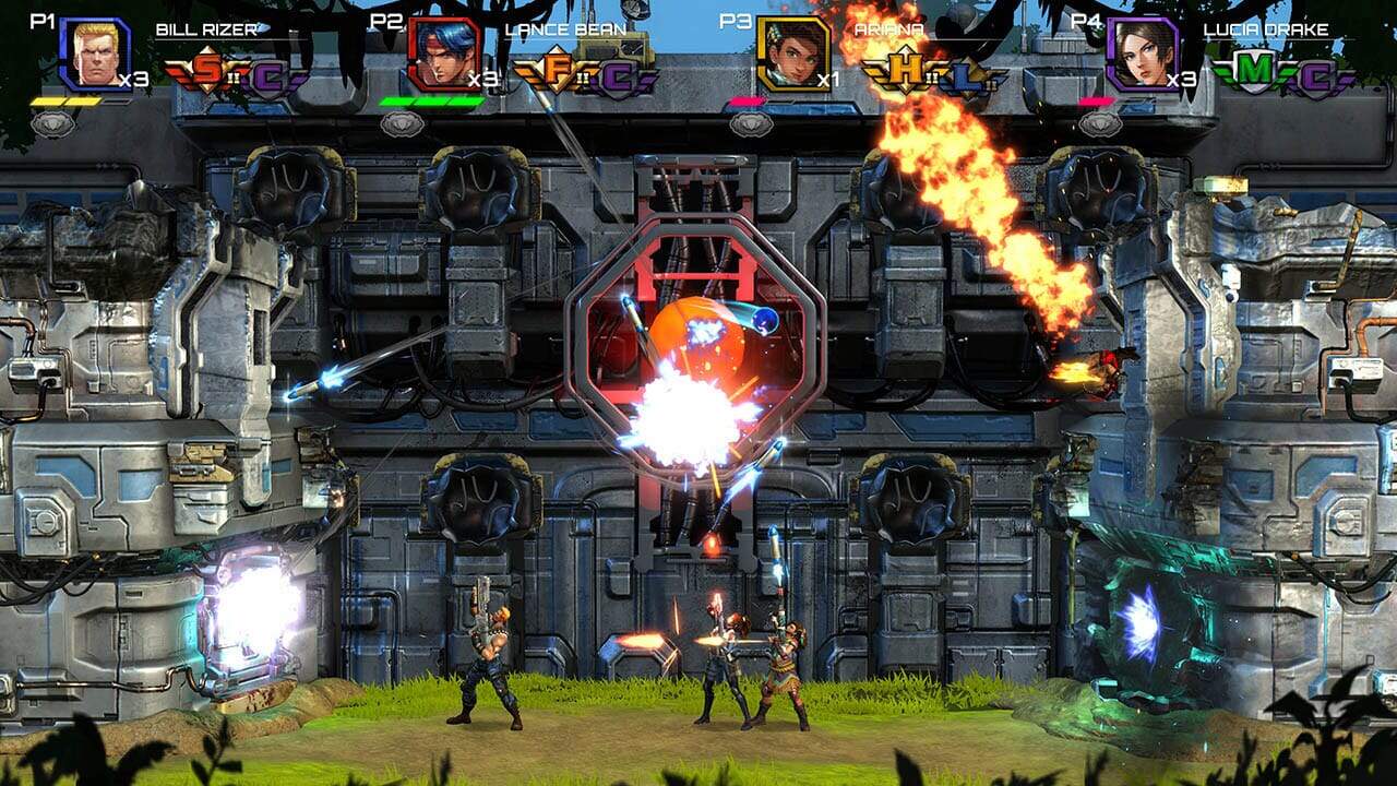 Four characters firing multiple weapons against a futuristic industrial wall with explosions and fire effects