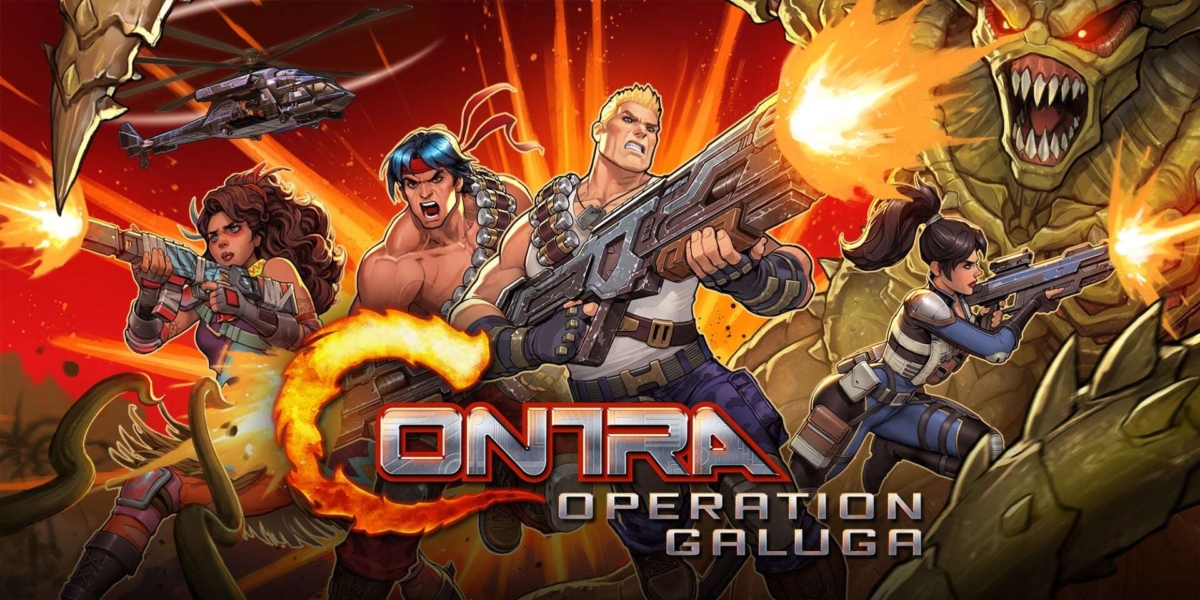 Four armed characters firing weapons at monstrous creatures with fiery action background
