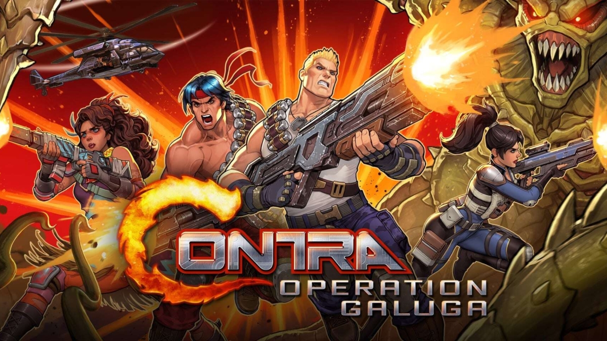 Four armed characters firing weapons at monstrous creatures with fiery action background