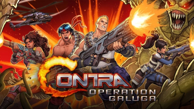 Four armed characters firing weapons at monstrous creatures with fiery action background