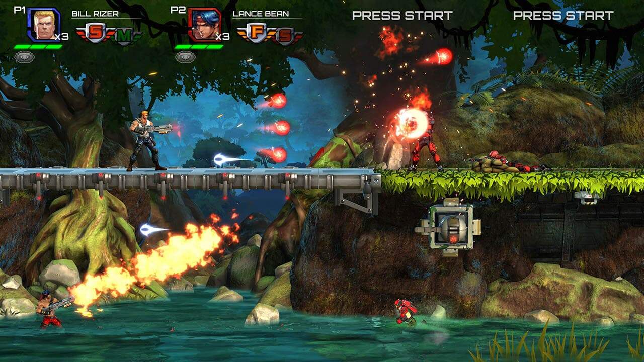 Two action heroes firing weapons across a forest bridge at robotic enemies in a side-scrolling run-and-gun video game