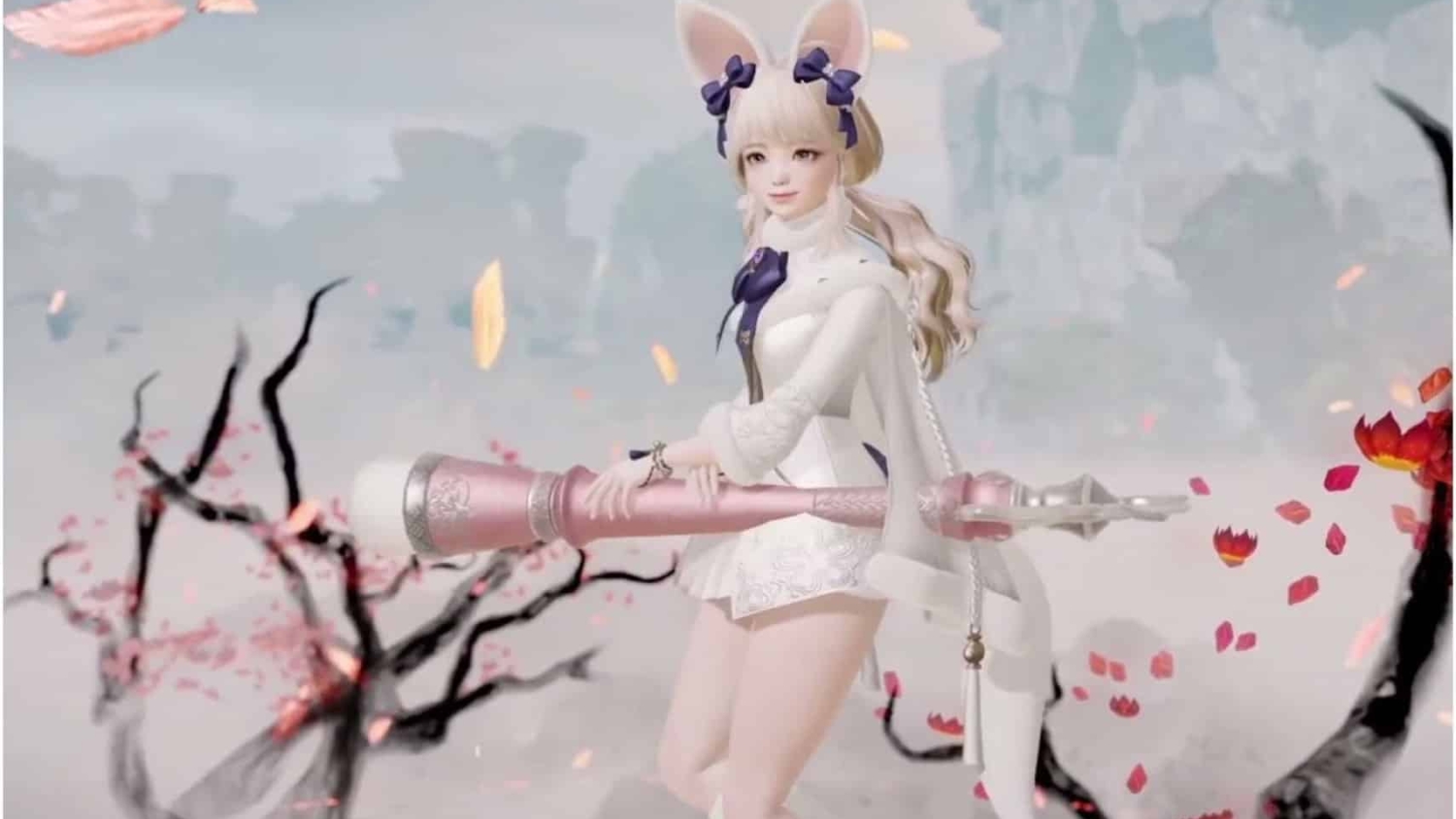 Female fantasy character with white bunny ears, long blond hair, and white outfit holding a large pink staff