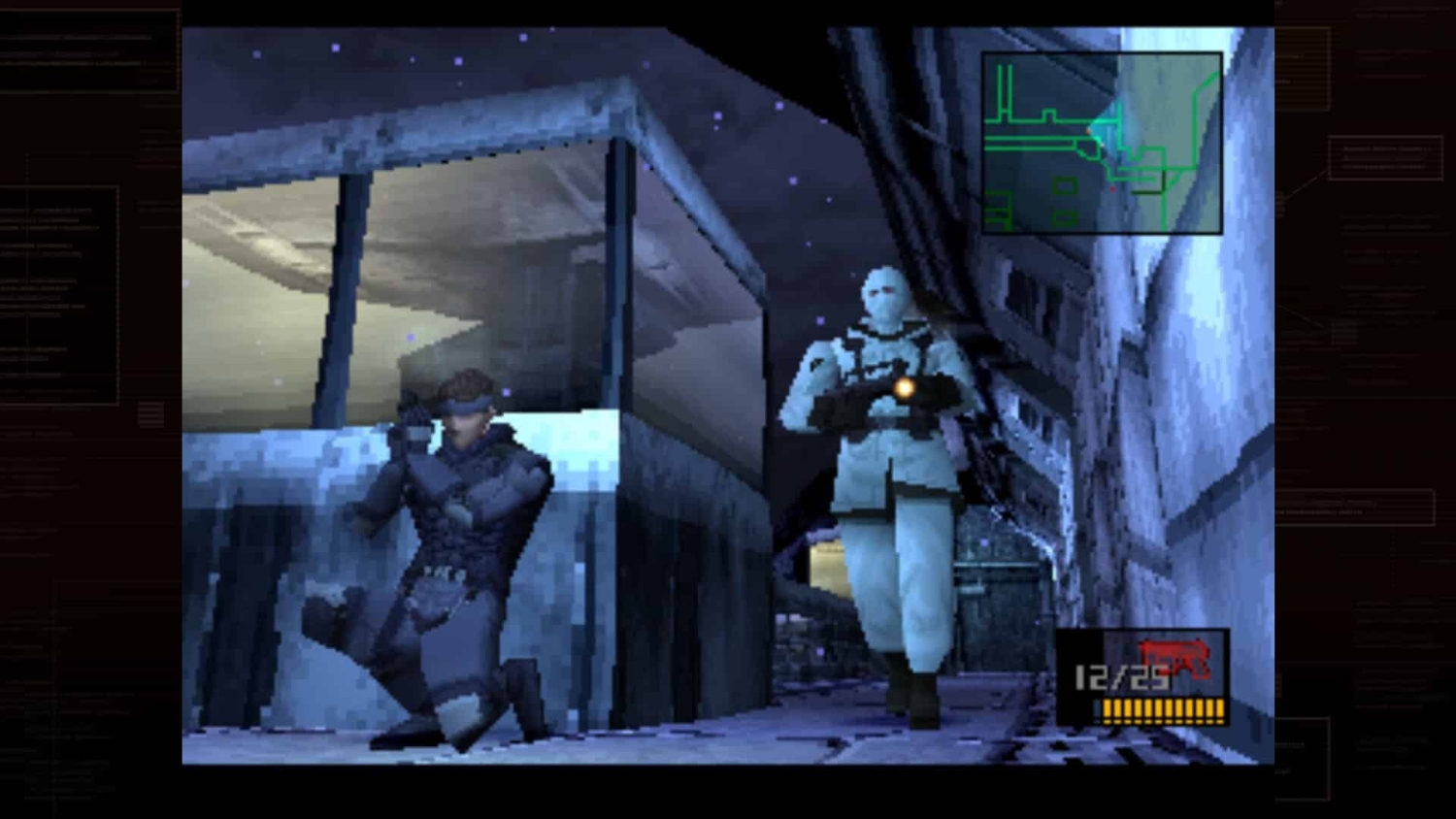 Low-polygon character crouched by a guard in a dim corridor with a mini-map in the top right corner.
