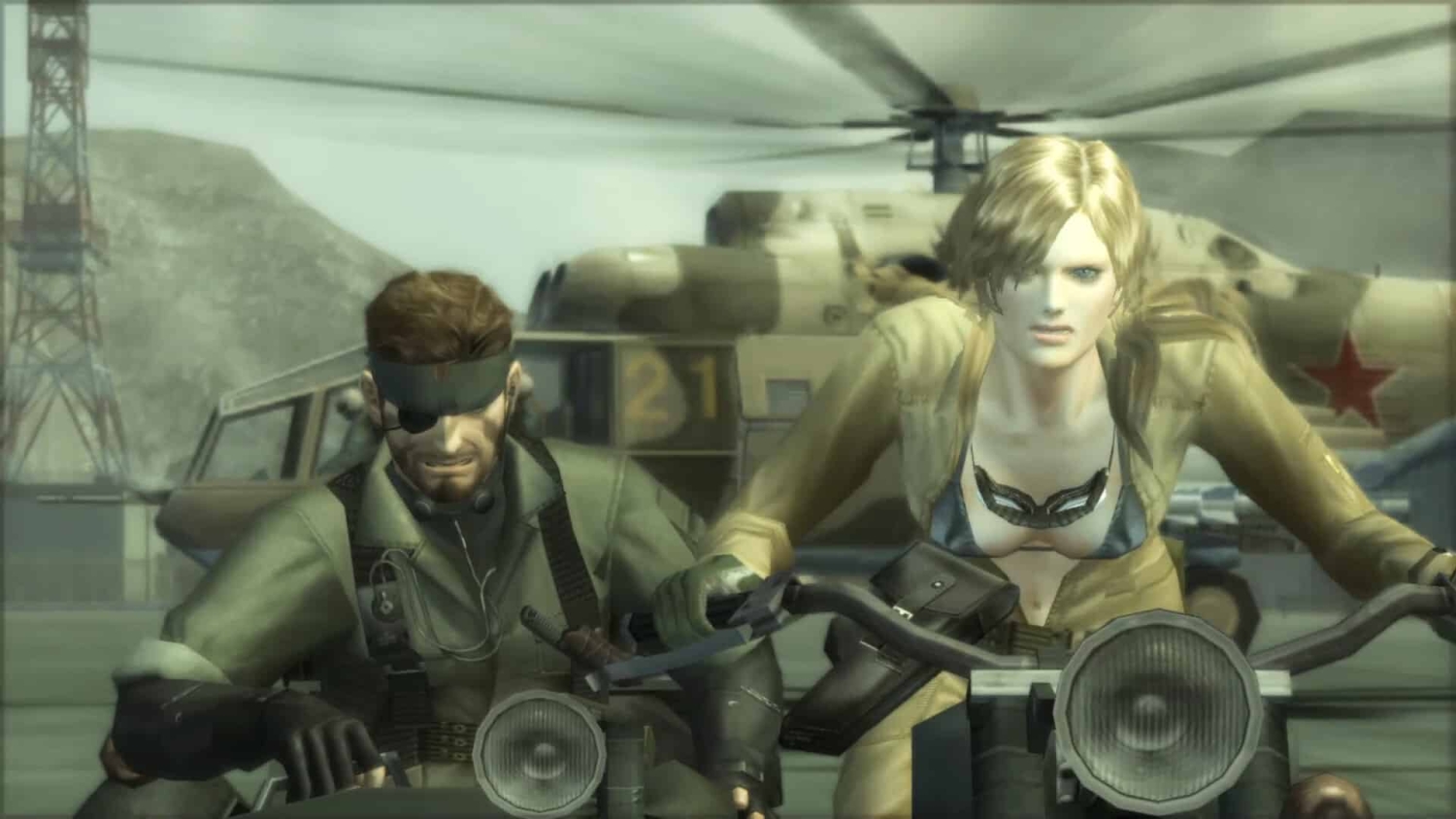 Two characters riding a motorcycle with a military helicopter in the background on an airfield
