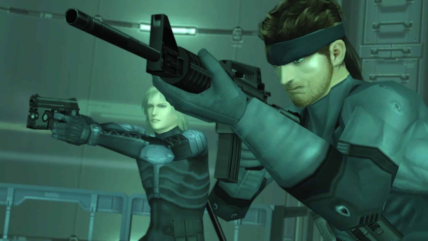 Two soldiers dressed in tactical gear aiming guns in a green-lit room with metal walls