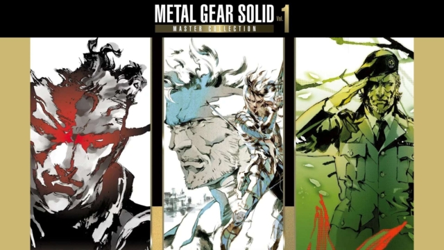 Stylised artwork panels depicting three male characters from Metal Gear Solid series in varying poses and colour schemes