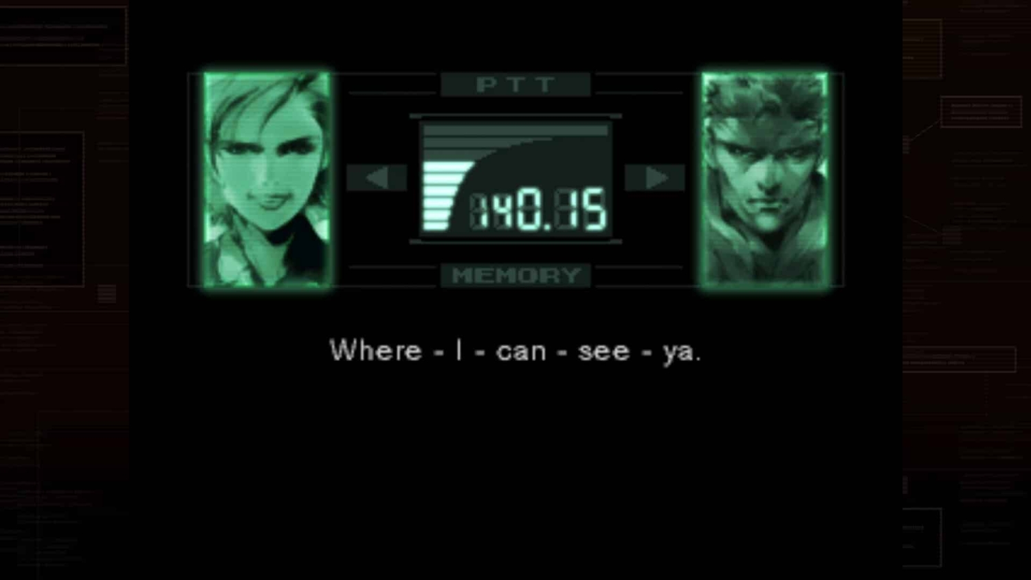Green monochrome screen showing a man and woman in radio communication with text dialogue