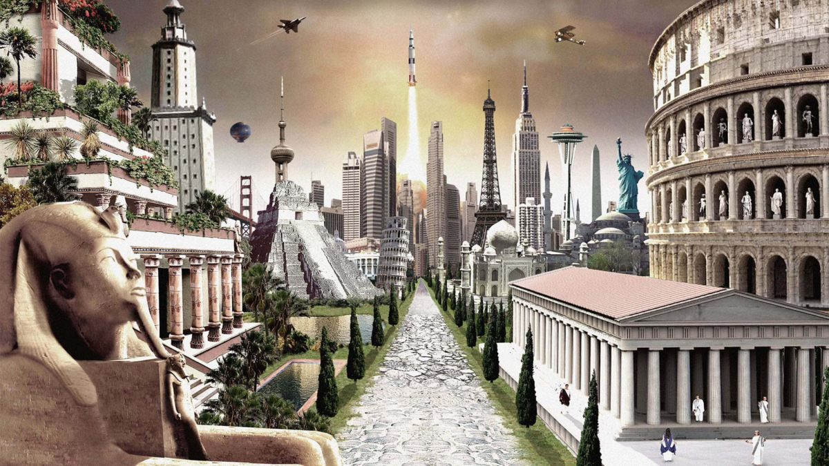 Collage of famous world landmarks including the Colosseum, Statue of Liberty, Eiffel Tower, and Great Sphinx