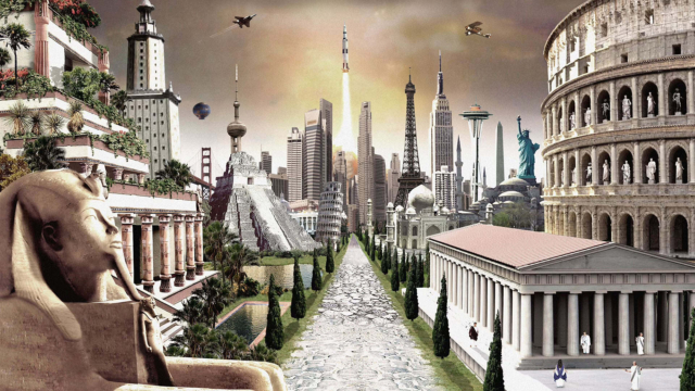 Collage of famous world landmarks including the Colosseum, Statue of Liberty, Eiffel Tower, and Great Sphinx