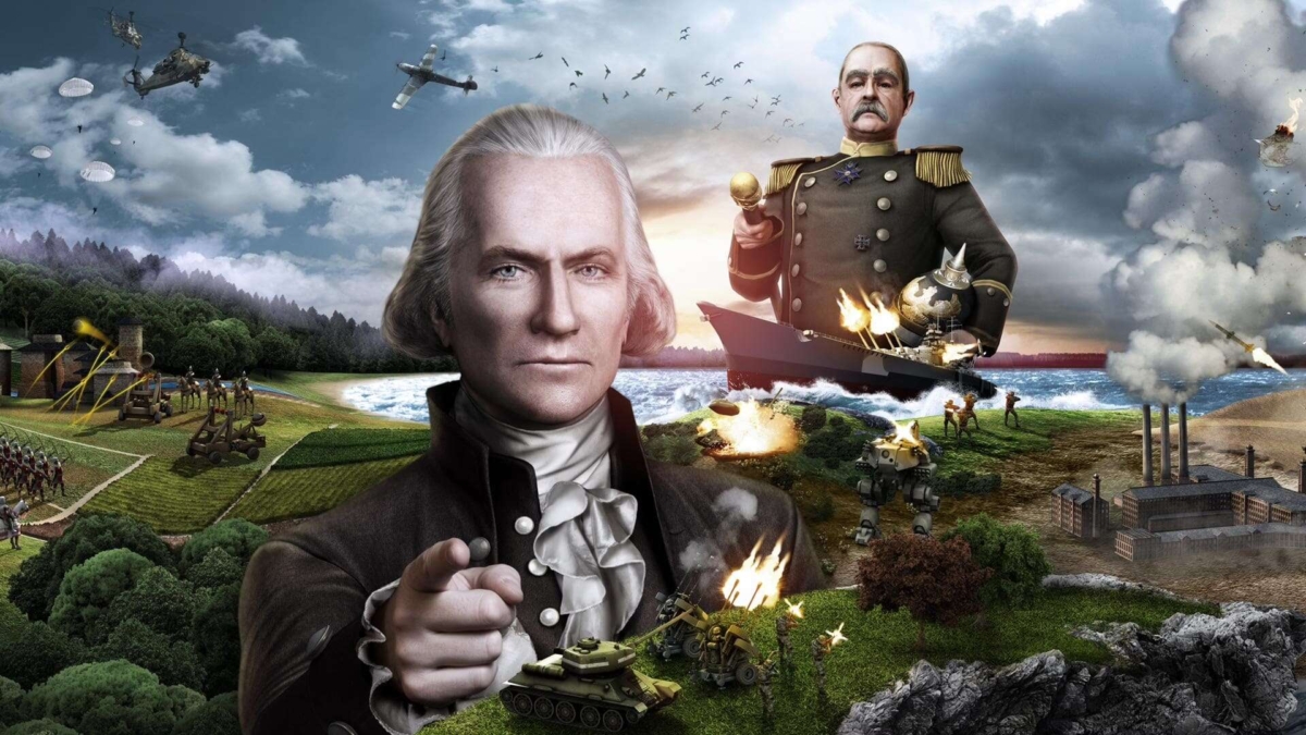 Two historical leaders in front of battle scenes with tanks, soldiers, and warships under a cloudy sky