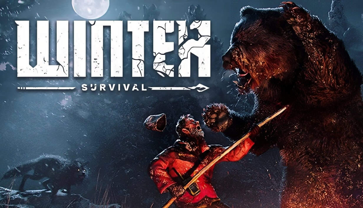 A man in red winter clothing fighting a large bear with a spear under a full moon in a snowy forest
