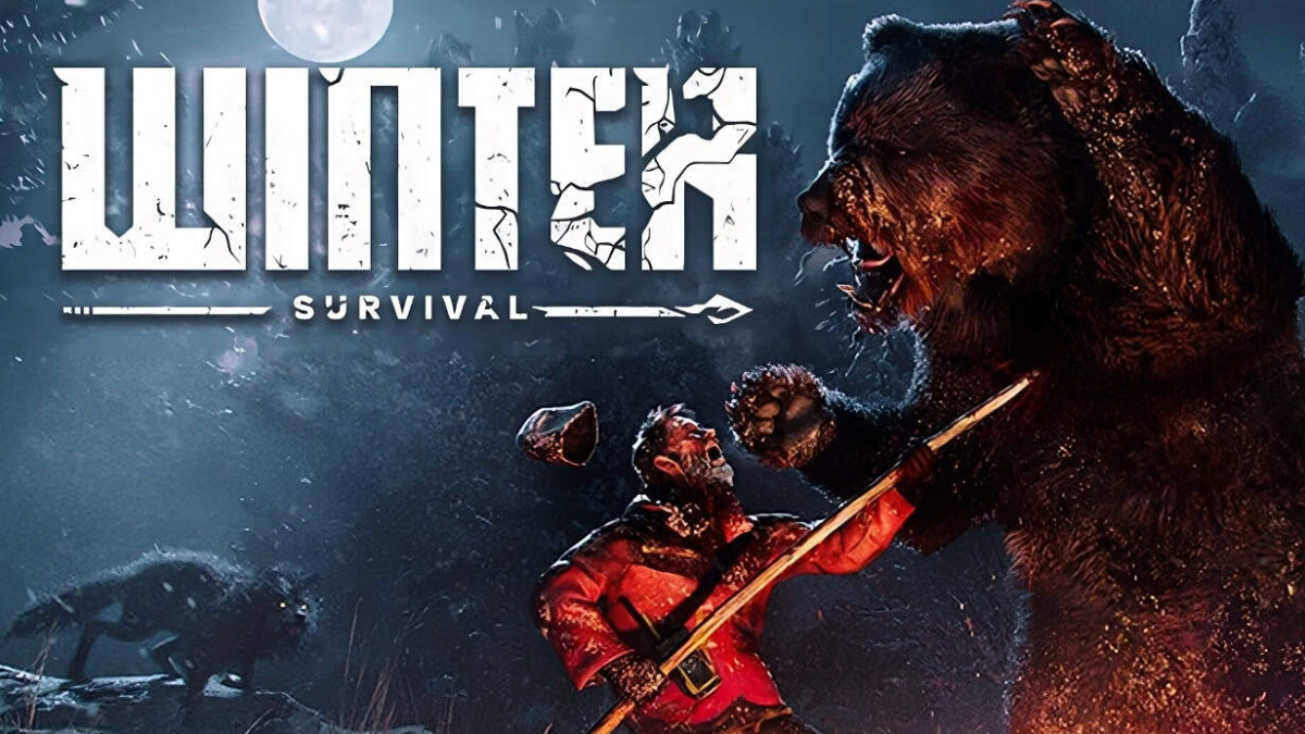 A man in red winter clothing fighting a large bear with a spear under a full moon in a snowy forest