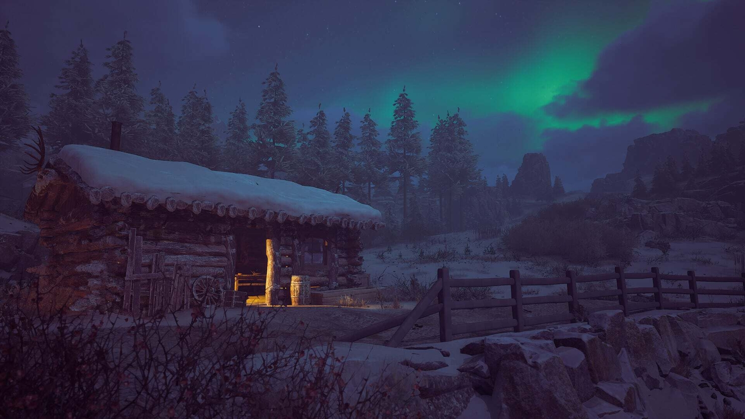 Snow-covered log cabin warmly lit inside, surrounded by frosted pine trees and under colourful northern lights at night