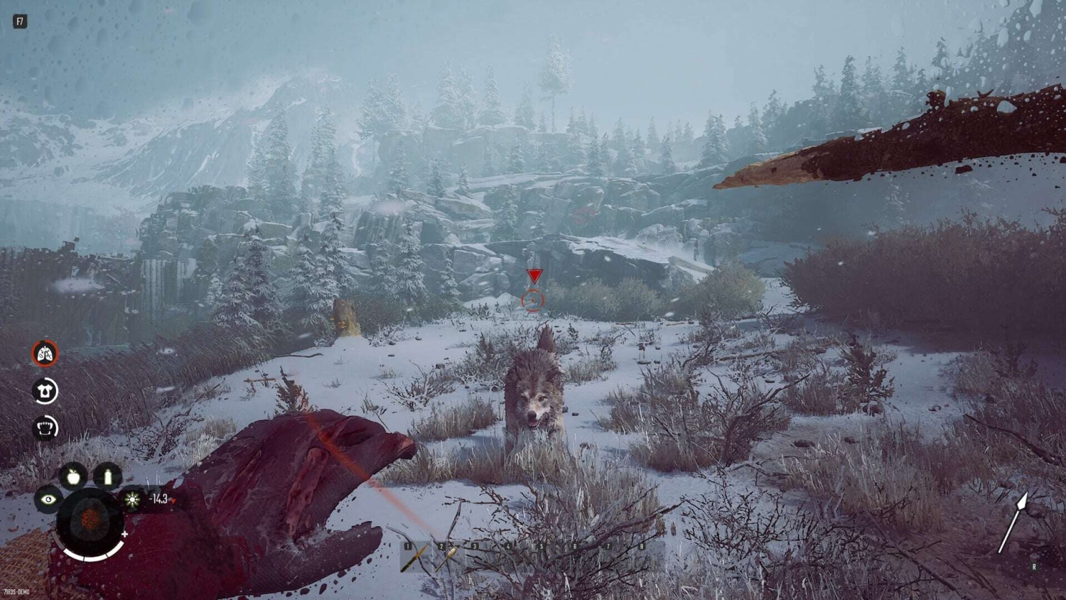 Player with bloodied hand aiming a bow at an approaching wolf in snowy mountain wilderness