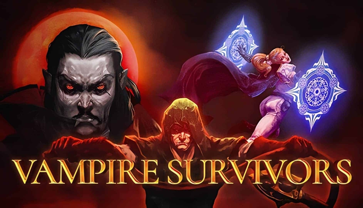 Artwork showing three characters from Vampire Survivors with a large red moon in the background