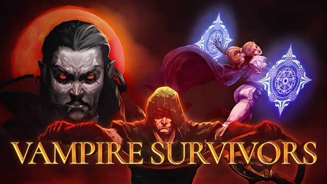 Artwork showing three characters from Vampire Survivors with a large red moon in the background