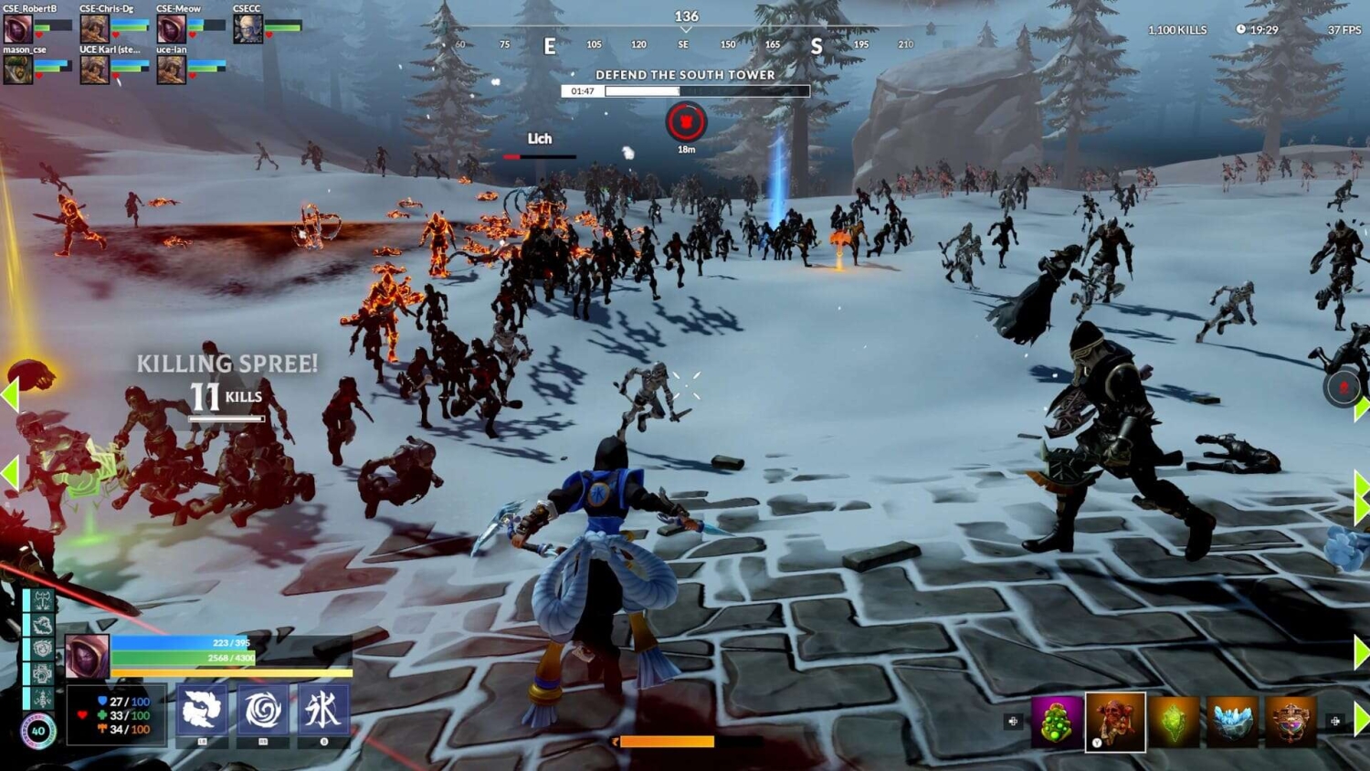 Two characters prepare to fight a large horde of skeleton and flaming enemies on a snowy battlefield near a tower
